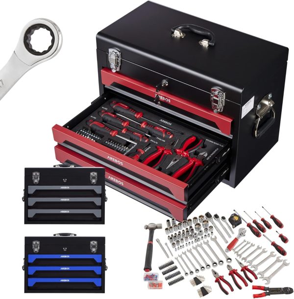 Arebos Werkzeugkoffer inkl. 172-tlg. Werkzeugset aus Chrom Vanadium Steckschlüssel Set | für Haushalt. Garage & Werkstatt | bestückte Werkzeugbox mit 3 Schubladen | abschließbar | Rot/Schwarz