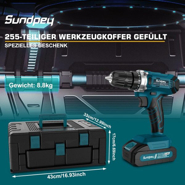Werkzeugkoffer 255 tlg mit Akkuschrauber 21V - Sundpey Akkuschrauber Set mit 2 * 2000mAh Akku Werkzeugkoffer Gefüllt für Haus-/Autoreparaturen Werkzeugkasten Aufbewahrungskoffer mit Schublade – Bild 7