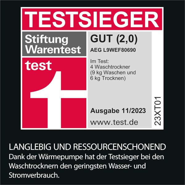 AEG Waschtrockner mit W?rmepumpe Serie 9000 SensiDry? / Testsieger der Stiftung Warentest / 9 kg Waschen / 6 kg Trocknen / C / Mengenautomatik / Nachlege- und Dampffunktion / 1600 U/min / L9WEF80690 – Bild 2