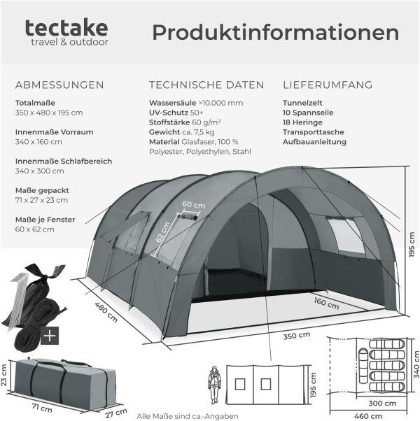 tectake? Tunnelzelt. 6 Personen. Familienzelt. Zelt gro? mit Vorzelt und Bodenplane. UV-Schutz. Camping Zelt inkl. Tragetasche. 350 x 480 x 195 cm - dunkelgrau/hellgrau – Bild 6