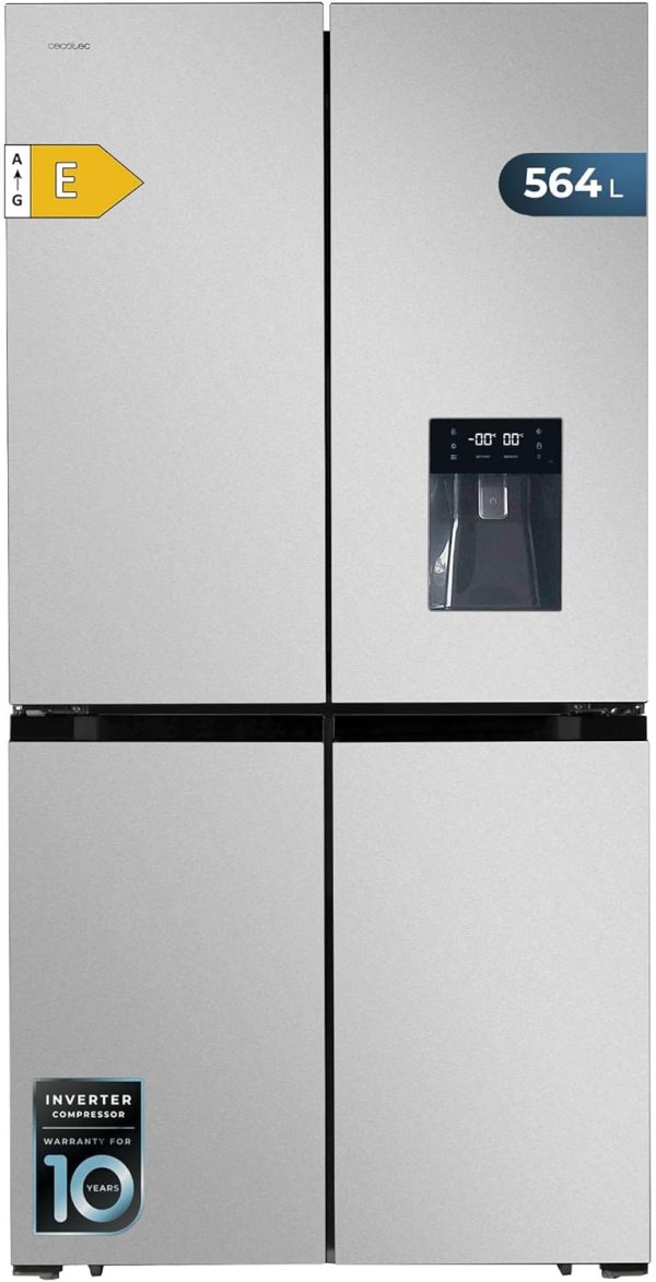 Cecotec Amerikanischer K??hlschrank. 4 T??ren. Edelstahl. 564 l. Bolero. CoolMarket. 4D 564. Edelstahl. 183 cm hoch. 91 cm breit. Wasserspender. geringer Stromverbrauch. Invertermotor. Total NoFrost
