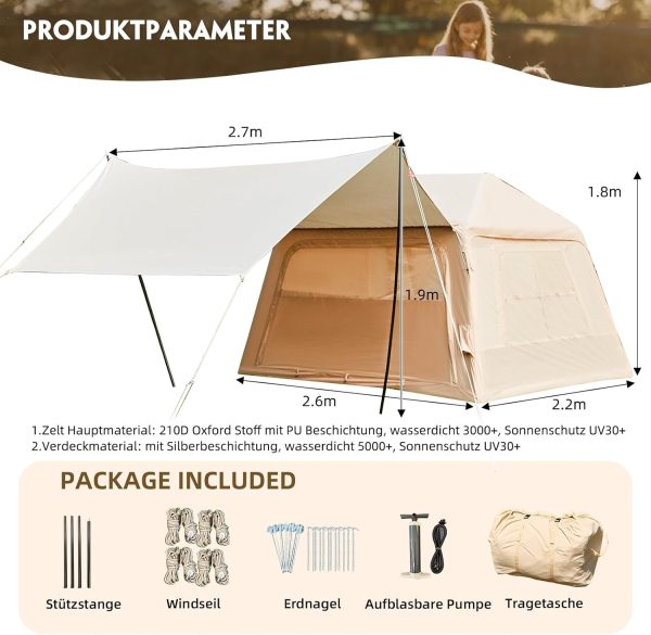 EROMMY aufblasbares Zelt mit gro?em Vordach. Luftzelt f??r 4 Personen. Schnellaufbau mit Luftpumpe. Campingzelt f??r Outdoor-Abenteuer(260X220X180CM) – Bild 3