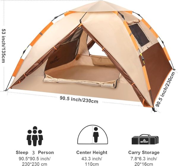 Camping Zelt. Pop Up Zelt 3 Personen Familie Kuppelzelt Wasserdicht Winddicht mit 2 Mesh-T??r. 2 Mesh-Fenster. 2 in 1 Doppelschichten. Tragetasche f??r Camping Wandern Backpacking – Bild 4