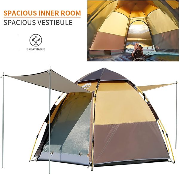 HEWOLF Camping Zelt 3-4 Personen Kuppelzelt Wasserdicht UV-Schutz Pop Up Zelt Doppelschicht Wurfzelt Sechseckiges Sekundenzelt Gro?es Familienzelt mit Regenfliege Tragetasche Braun – Bild 4