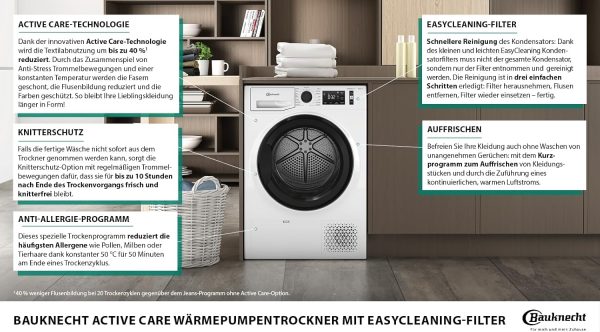 Bauknecht T Advance M11 83 N W?rmepumpentrockner /8kg /EEK A+++ /ActiveCare-Technologie/EasyCleaning-Filter/Auffrischen-Programm/Baby-Programm/Anti-Allergie-Programm/Kuscheltier Programm – Bild 4