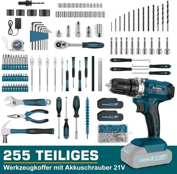 Werkzeugkoffer 255 tlg mit Akkuschrauber 21V - Sundpey Akkuschrauber Set mit 2 * 2000mAh Akku Werkzeugkoffer Gefüllt für Haus-/Autoreparaturen Werkzeugkasten Aufbewahrungskoffer mit Schublade – Bild 2