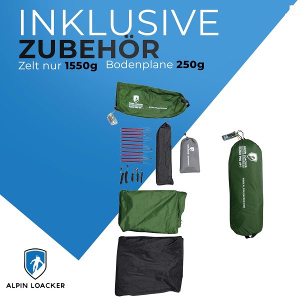 ALPIN LOACKER Cloud Pro Up Zwei Personen und EIN Personen Zelt Ultraleicht I Zweimannzelt und Einmannzelt I Leichtes Trekkingzelt I Bikepacking Kuppelzelt – Bild 3