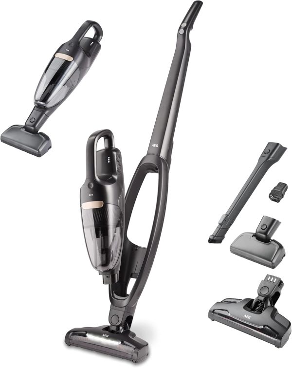 AEG QX6-1-45AN Akku Staubsauger kabellos / Staubsauger beutellos / leise / Handstaubsauger akku / 45 min Laufzeit / leicht / Hartboden / 2in1 / Tierhaare / Hund / Katze / Teppich / Auto / grau