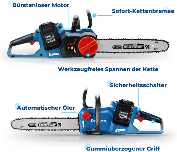 DongCheng Akku Kettensäge 40V. Motorsäge Akku 38 cm Schnittlänge. Bürstenloser Motor 14 m/s Schnittgeschwindigkeit. Elektrisch Kettensäge mit 2x4.0Ah Akku und Ladegerät – Bild 8