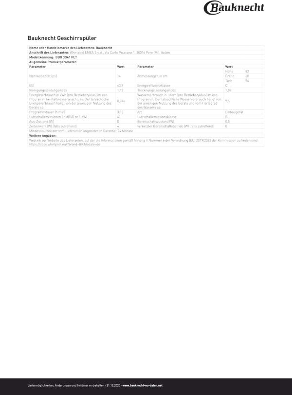 Bauknecht BBO 3O41 PLT Integrierbarer Geschirrsp??ler 60 cm /14 Ma?gedecke /10 Standardprogramme und 1 Sensorprogramm/PowerClean/ActiveDry/Besteckschublade/Vollwasserschutz. Einbau. Edelstahl – Bild 11