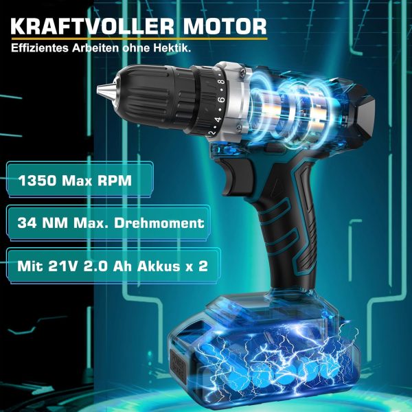 Werkzeugkoffer 255 tlg mit Akkuschrauber 21V - Sundpey Akkuschrauber Set mit 2 * 2000mAh Akku Werkzeugkoffer Gefüllt für Haus-/Autoreparaturen Werkzeugkasten Aufbewahrungskoffer mit Schublade – Bild 4