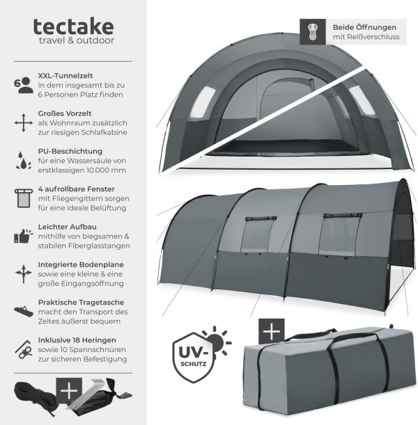 tectake? Tunnelzelt. 6 Personen. Familienzelt. Zelt gro? mit Vorzelt und Bodenplane. UV-Schutz. Camping Zelt inkl. Tragetasche. 350 x 480 x 195 cm - dunkelgrau/hellgrau – Bild 2