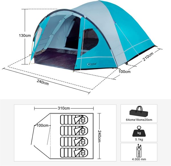 Zelt 3-4 Perosonen Camping wasserdicht 4000mm Kuppelzelt mit Vorzelt Familienzelt Festivalzelt f??r Camping Reise Trekking Garten – Bild 5