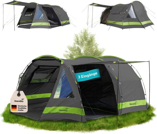 Skandika Kambo Tunnelzelt 6 ?C 12 Personen | Zelt f??r 6 ?C 12 Mann. wasserdicht. 3000 mm Wassers?ule. 3 Separate Eing?nge. Sonnensegel. Vorzelt. dunkle Schlafkabine | Camping Familienzelt. Gro?raumzelt