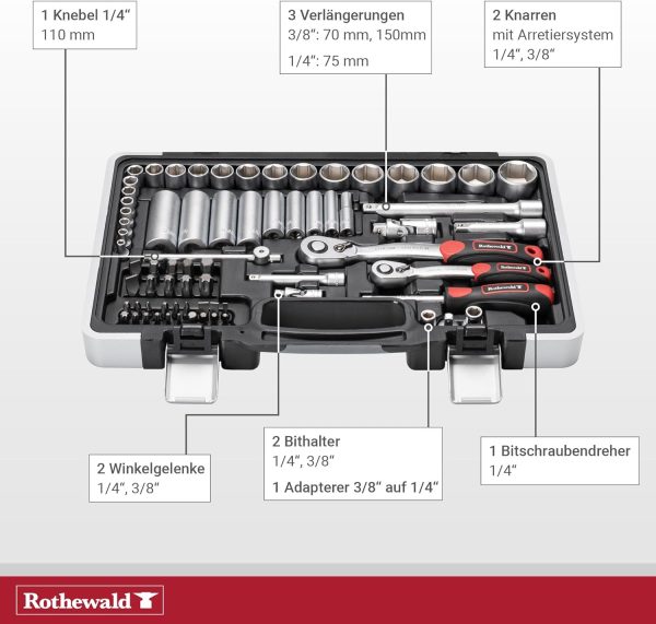 Zoll-Werkzeugsatz. 92 Teile. Herausnehmbare Bithalter Für Zoll-Bits. Feinverzahnte Ratschen. Erleichtert Kontrolliertes Schrauben. Chrom-Vanadium-Stahl – Bild 5