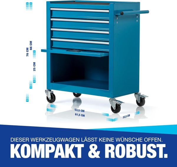 Werkstattwagen inkl. Werkzeug 70 Teile - 4 Schubladen + großes Fach - Kugelgelagerte Schubladen - Transportsicherung - 2 Rollen m. Feststellbremse - Werkzeugwagen - PERFEKTE WERKSTATTORGANISATION – Bild 2