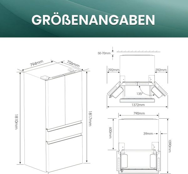Hisense RF540N4SBF2 French Door K??hl-Gefrierkombination/ NoFrostPlus/ Inverter-Kompressor/ Multiflow 360??/ SuperCool/ 181.7 cm/ K??hlteil 302 l/ Gefrierteil 178 l/ 40 dB/ 310 kWh/ Jahr/ Schwarz – Bild 15