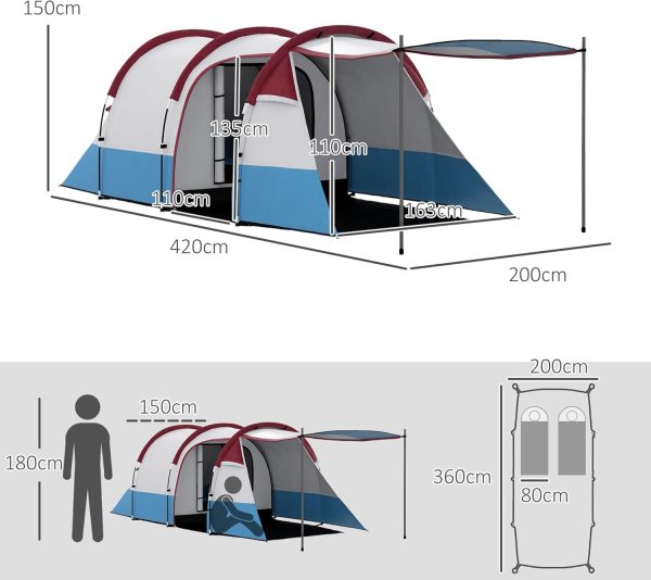 Outsunny Campingzelt. Tunnelzelt f??r 3 Personen. mit Lichthaken. Vorzelt. 2 R?umen. Winddicht Familienzelt mit Tragetasche. 2000mm Wasserabweisend Pop Up Zelt f??r Camping. Garten – Bild 5