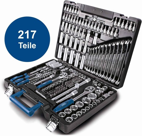 Scheppach TB217 Werkzeugkoffer gefüllt | 217-tlg Werkzeug Set | Werkzeugkiste mit Steckschlüssel. Bits. Ratschen. Gabelschlüssel und Gängigen. Steckschlüsselsatz ideal für die Werkstatt – Bild 4