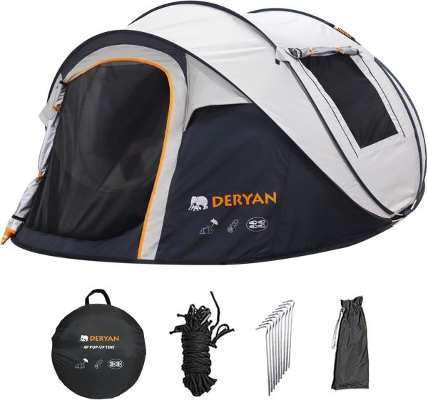 Deryan Pop Up Zelt f??r 4 Personen ?C wasserdicht bis 2000MM mit versiegelten N?hten und extra Dicker Bodenplane ?C von 2 Sekunden aufgebaut und zusammengeklappt ?C inklusive Abspannseilen und Heringen