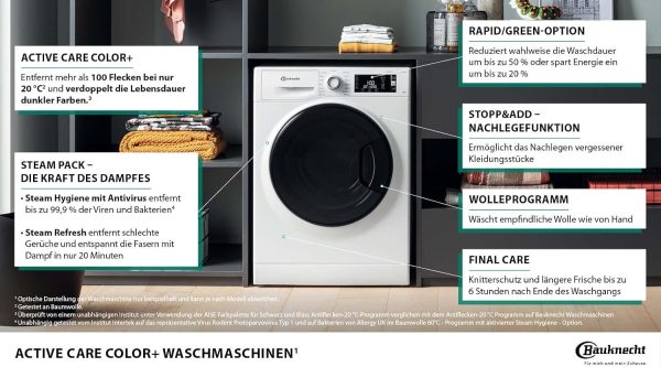 Bauknecht WM Elite 9AA Waschmaschine/ 9 kg/ 1400 U/min/Energieeffizienzklasse A/ActiveCareColor+/ A-20%/ SteamHygiene-Antivirus/SteamRefresh/Stop&Add-Nachlegefunktion/Volle Ladung 45Min. – Bild 6