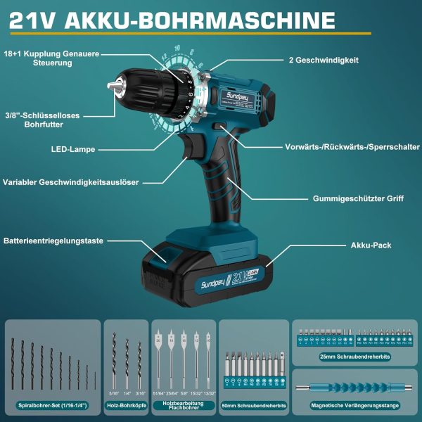 Werkzeugkoffer 255 tlg mit Akkuschrauber 21V - Sundpey Akkuschrauber Set mit 2 * 2000mAh Akku Werkzeugkoffer Gefüllt für Haus-/Autoreparaturen Werkzeugkasten Aufbewahrungskoffer mit Schublade – Bild 3