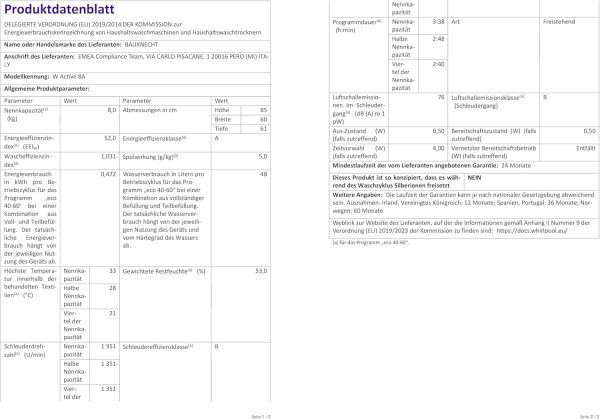 Bauknecht W Active 8A Waschmaschine Frontlader/ 8kg/ kraftvolle Fleckentfernung/ Dampf Programme/ Steam Hygiene Option/ Energieeffizienzklasse A/ Stopp&Add Funktion/ ProSilent-Motor [Energieklasse A] – Bild 16