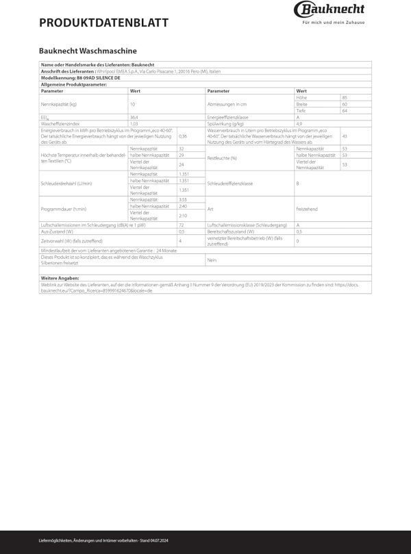 Bauknecht B8 09AD SILENCE DE Waschmaschine Frontlader/Gentle-Power/Energieeffizienklasse A-30 Prozent/Besonders leise Waschmaschine/AutoDose/Steam-Hygiene. Refresh.-Finish/Volle Ladung 45 Min. – Bild 16