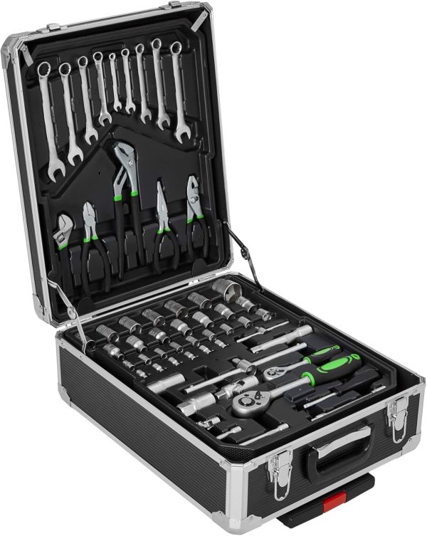 tectake Werkzeugkoffer. Werkzeugset. Werkzeugkoffer gefüllt 1200-teilig. Werkzeugtrolley. Werkzeugkiste mit 4 Ebenen. Aluminium Koffer mit Rollen und Teleskopgriff - schwarz – Bild 4