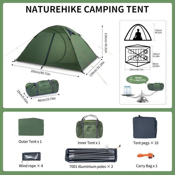 Naturehike Ultraleichtes Silikonzelt Campingzelt 2 Personen Zelt Regenfest Camping Wandern 3-4 Saison Zelt (Gr??n) – Bild 2