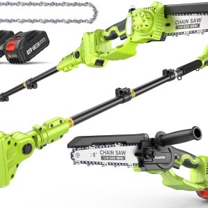 Akku-Hochentaster 8000 mAh & 8 Zoll Mini-Kettensäge mit Akku 2-in-1. Astsäge mit 2.8 m Teleskopstange. werkzeuglose Kettenspannung. 180° schwenkbarer Motorkopf. Akku-Säge für Hobbygärtner