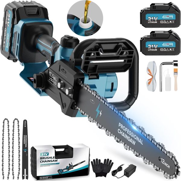 Akku Kettensäge mit Akku 12000mAh. 12 Zoll Elektro Kettensäge 1800W Bürstenloser mit Automatischer Öler. Astsäge Elektrisch für Zum Schneiden von Holz. Bäumen. Gartenarbeit