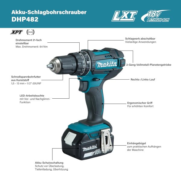 Makita DHP482RFX9 Schlagbohrschrauber 18V / 3.0 Ah. 2 Akkus plus Ladegerät im Alukoffer. Petrol. 96-tlg. Zubehör-Set – Bild 2