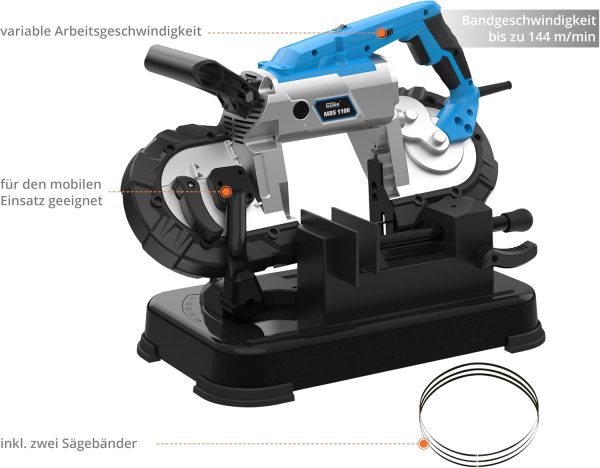 Güde Metallbandsäge MBS 1100 (1100 W. abnehmbarer Arbeitstisch (stationären & mobilen Einsatz). Bandgeschwindigkeit 144 m/min. 2 Sägebänder 1140 mm. LED Licht. Schnittleistung bis 100 mm/ø120 mm) – Bild 5