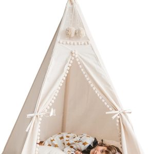 Kinder Tipi-Zelt - sehr strapazierf?higes. originales Tipi-Zelt aus naturbelassenem Canvas - Spielzelt mit Bommel-Verzierungen f??r Kinder