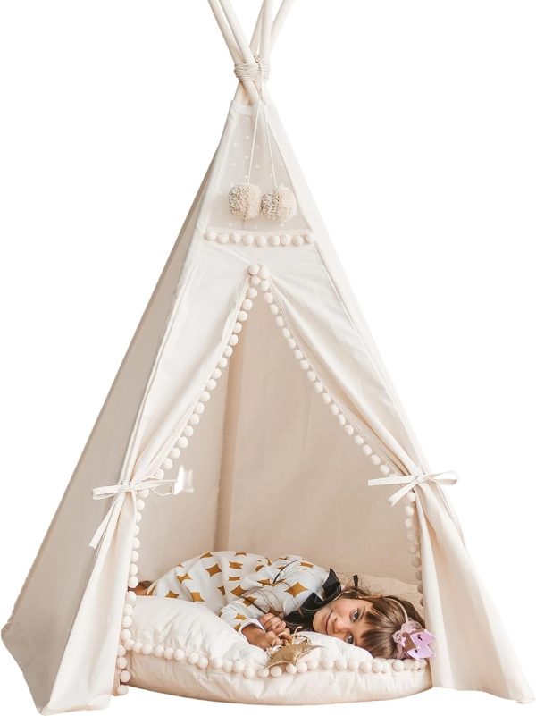 Kinder Tipi-Zelt - sehr strapazierf?higes. originales Tipi-Zelt aus naturbelassenem Canvas - Spielzelt mit Bommel-Verzierungen f??r Kinder