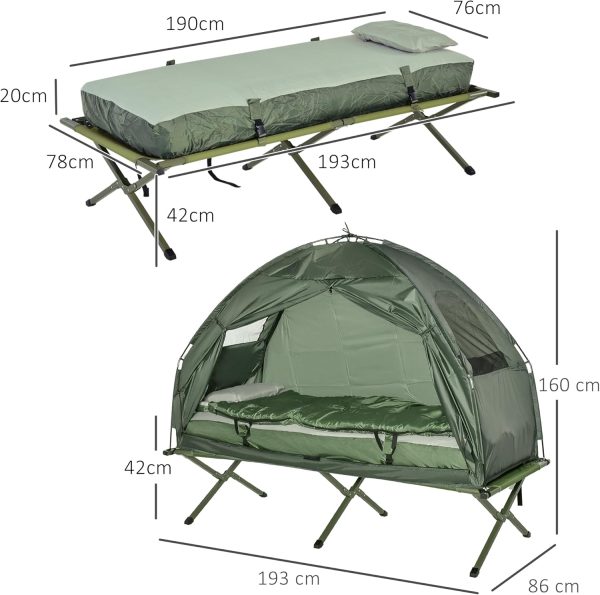 Outsunny Feldbett 4 in 1 Camping Set mit Zelt Schlafsack Matratze faltbar. Dunkelgr??n – Bild 5