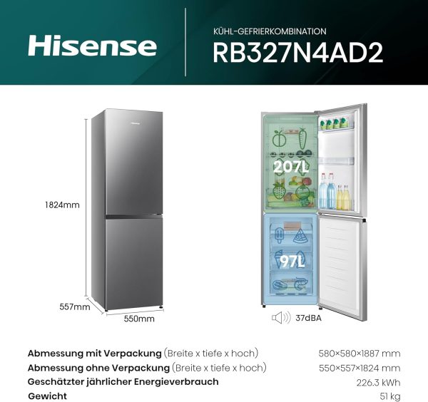 Hisense RB327N4AD2 K??hl-Gefrierkombination/ NoFrostPlus/ Multiflow 360??/ HolidayMode/ FreshZone/ 182.4 cm/ K??hlteil 171 l/ Gefrierteil 85 l/ 41 dB/ 287 kWh/ Jahr/ Edelstahl-Look – Bild 2