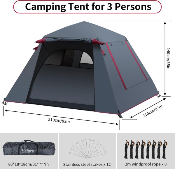 Camping Zelt. 3 Personen Pop Up Zelt Gro?e Wasserdicht Automatisches Wurfzelt mit 2 Regendichten Fenstern. 2 Schichten Kuppelzelt mit Abnehmbare Au?enschicht. Zelt f??r Camping Familien – Bild 6