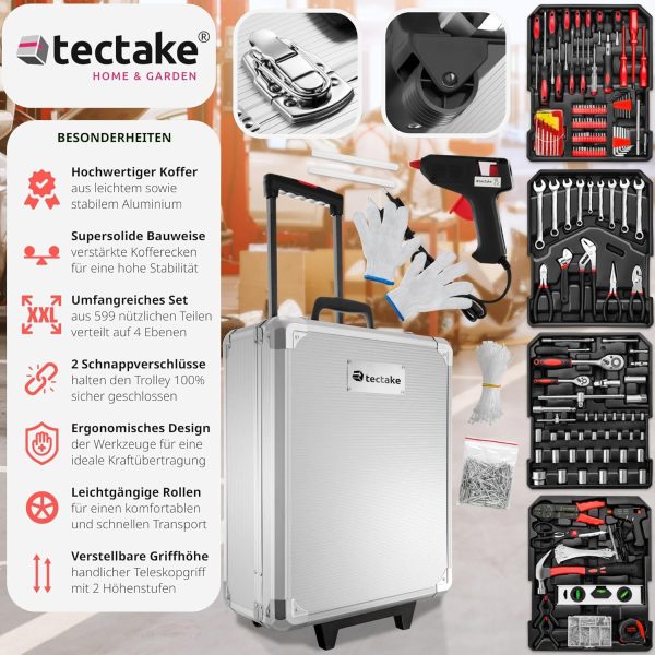tectake® Werkzeug Set im Aluminium Koffer. Werkzeugkoffer gefüllt. 599-tlg.. Tool Werkzeugwagen fahrbar. Trolley mit 4 Ebenen. Teleskopgriff. Werkzeugkiste groß. Elektriker Werkzeug - schwarz – Bild 2