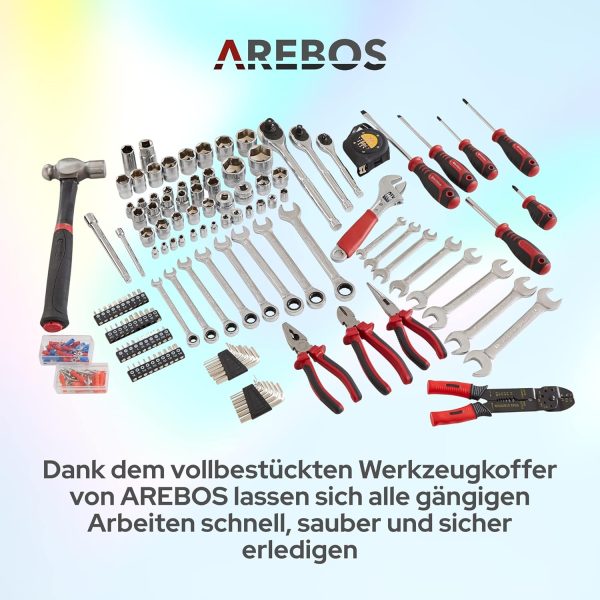 Arebos Werkzeugkoffer inkl. 172-tlg. Werkzeugset aus Chrom Vanadium Steckschlüssel Set | für Haushalt. Garage & Werkstatt | bestückte Werkzeugbox mit 3 Schubladen | abschließbar | Rot/Schwarz – Bild 4