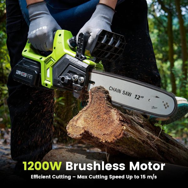 Akku Kettensäge 12 Zoll. 10000mAh Elektro Kettensäge. 1200W Bürstenloser Motor. Automatische Kettenschmierung. Werkzeuglose Kettenspannung. 30cm Schwertlänge. Ideal für Brennholz & Baum – Bild 2
