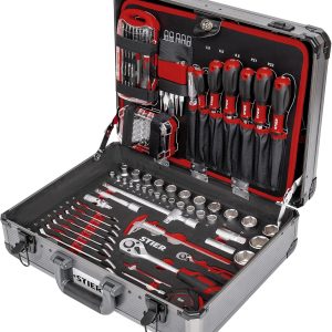 STIER Universal-Werkzeugsortiment im Aluminiumkoffer 144-teilig. Werkzeugkoffer bestückt gefüllt. Werkzeug Set. 4 Fächer mit Schraubendrehern. Scheren. Zangen. Säge u.v.m.