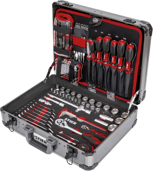 STIER Universal-Werkzeugsortiment im Aluminiumkoffer 144-teilig. Werkzeugkoffer bestückt gefüllt. Werkzeug Set. 4 Fächer mit Schraubendrehern. Scheren. Zangen. Säge u.v.m.