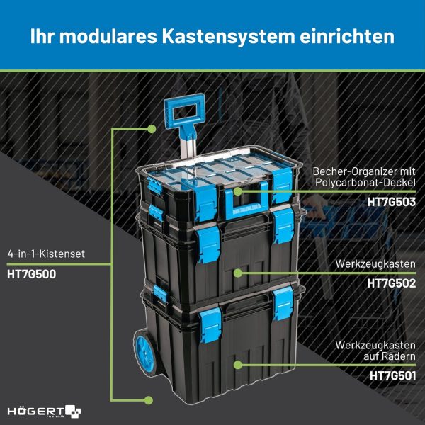 Högert Technik - 4 in 1 Kastenset. Satz Werkzeugkisten auf Rädern. Praktisch und Geräumig. Resistent Gegen Beschädigungen. Staubdicht. Robuste ABS-Verschlüsse. Modularer Aufbau - HT7G500 – Bild 3