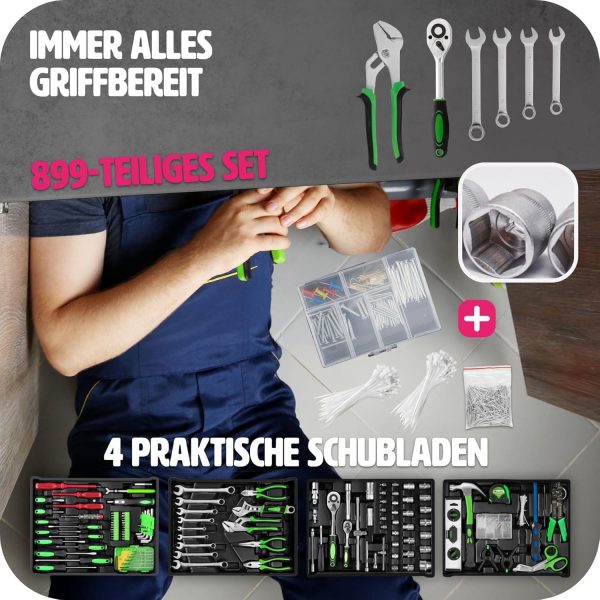 tectake® Werkzeug Set im Aluminium Koffer. Werkzeugkoffer gefüllt 899-tlg.. Tool Werkzeugwagen fahrbar. Trolley mit 4 Schubladen. Teleskopgriff. Werkzeugkiste groß für Profi und Haushalt - schwarz – Bild 8