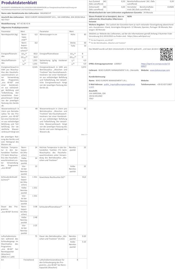 Bauknecht WT AO 86 43 N Waschtrockner /8/6 kg Waschen/Trocknen/Flecken 40?? / Dampf-Programm/Dynamic Inverter-Motor/Wolle-Programm/Nachlegefunktion/Kurz 30'/ AutoClean/Startzeitvorwahl – Bild 16