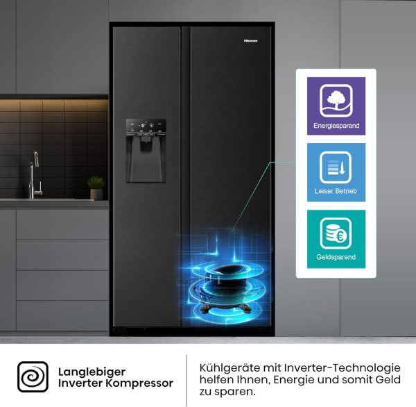 Hisense RS694N4TFE Side-by-Side K??hl-Gefrierkombination/ NoFrostPlus/ Inverter-Kompressor/ Eis-Wasser Spender/ HolidayMode/ 178.6 cm/ K??hlteil 371 l/ Gefrierteil 191 l/ 42 dB/ 323 kWh/ Jahr. Schwarz – Bild 11