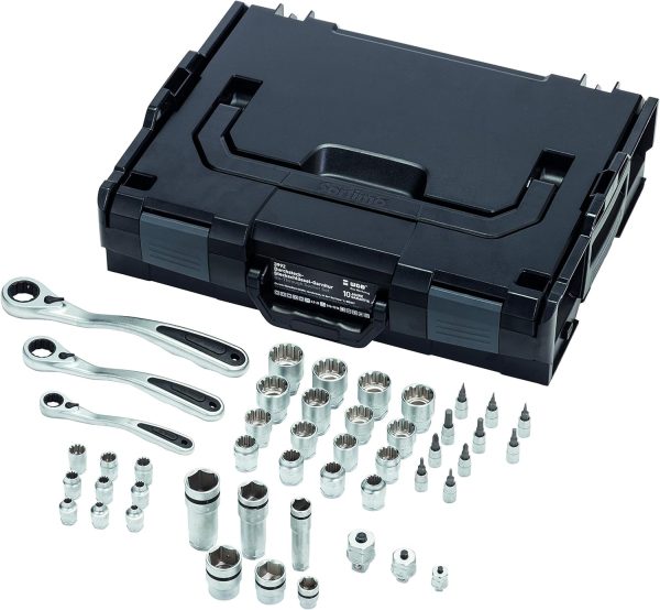 Werkzeugkoffer gefüllt mit Steckschlüsselsatz 1/4 + 3/8 + 1/2 Zoll Knarren und Ratschen | Bitsatz & Stecknuss Set für Fahrrad und KFZ Reparatur | Bestückter Profi Werkzeugkasten für Schrauber | WGB – Bild 2