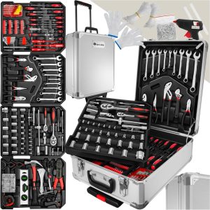 tectake® Werkzeug Set im Aluminium Koffer. Werkzeugkoffer gefüllt. 599-tlg.. Tool Werkzeugwagen fahrbar. Trolley mit 4 Ebenen. Teleskopgriff. Werkzeugkiste groß. Elektriker Werkzeug - schwarz